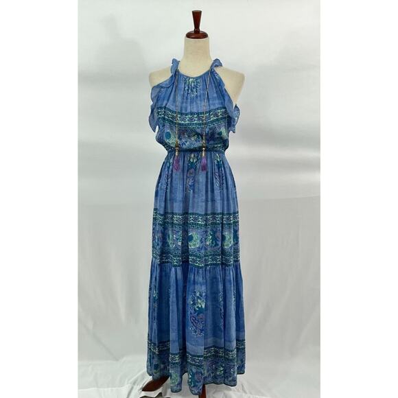 BELL by ALICIA BELL Sz XS Blue Print Ruffled Armhole Tasseled Maxi Dress - Picture 2 of 10